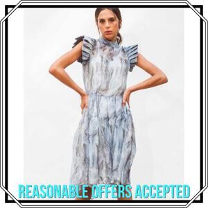 Katherine Kidd Silk Dress Gray Striped Midi Dress Pleated Ruffles Size 6